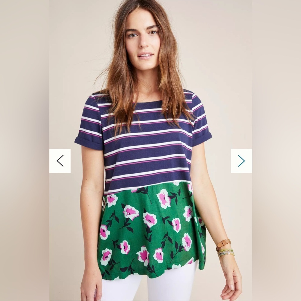 Anthropologie Navy and Green Striped Floral Blouse